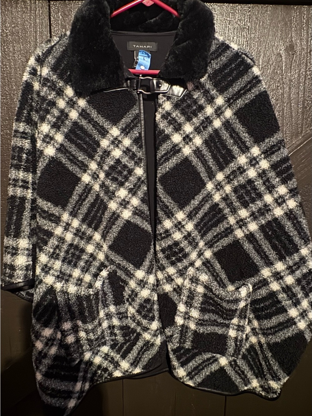 Black and White Lined Poncho / Cape with faux fur collar.